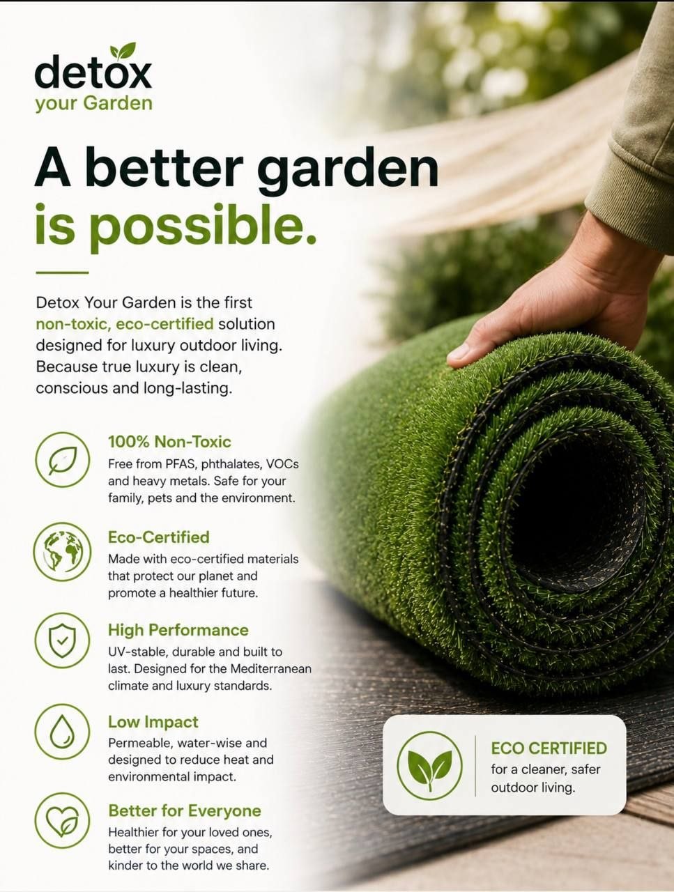 Detox Your Garden eco-certified premium artificial turf, non-toxic luxury outdoor surface
