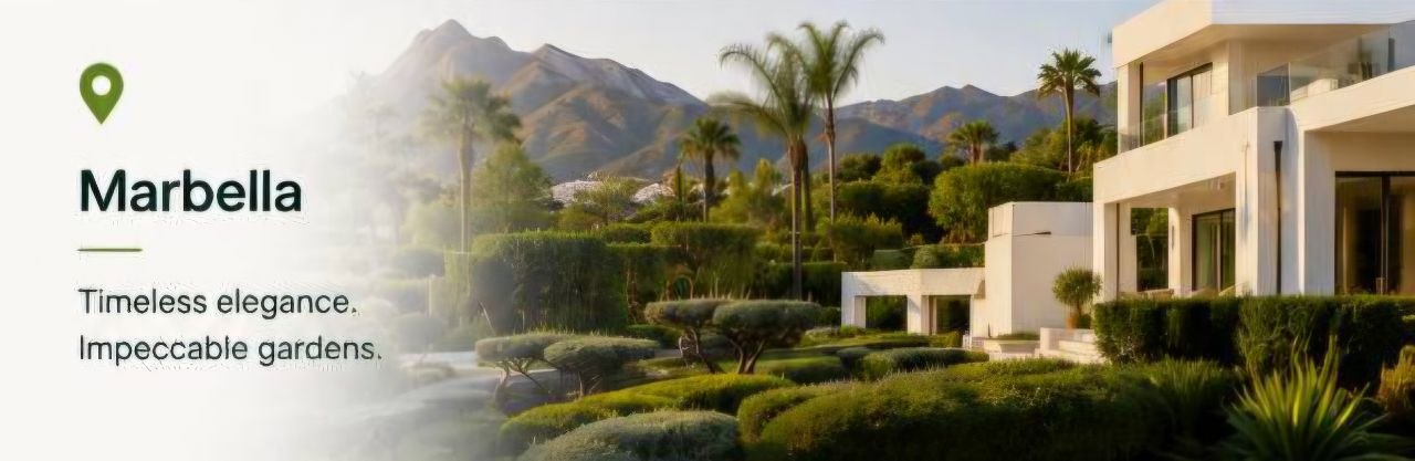 Luxury villa garden in Marbella with manicured topiary and Mediterranean landscaping