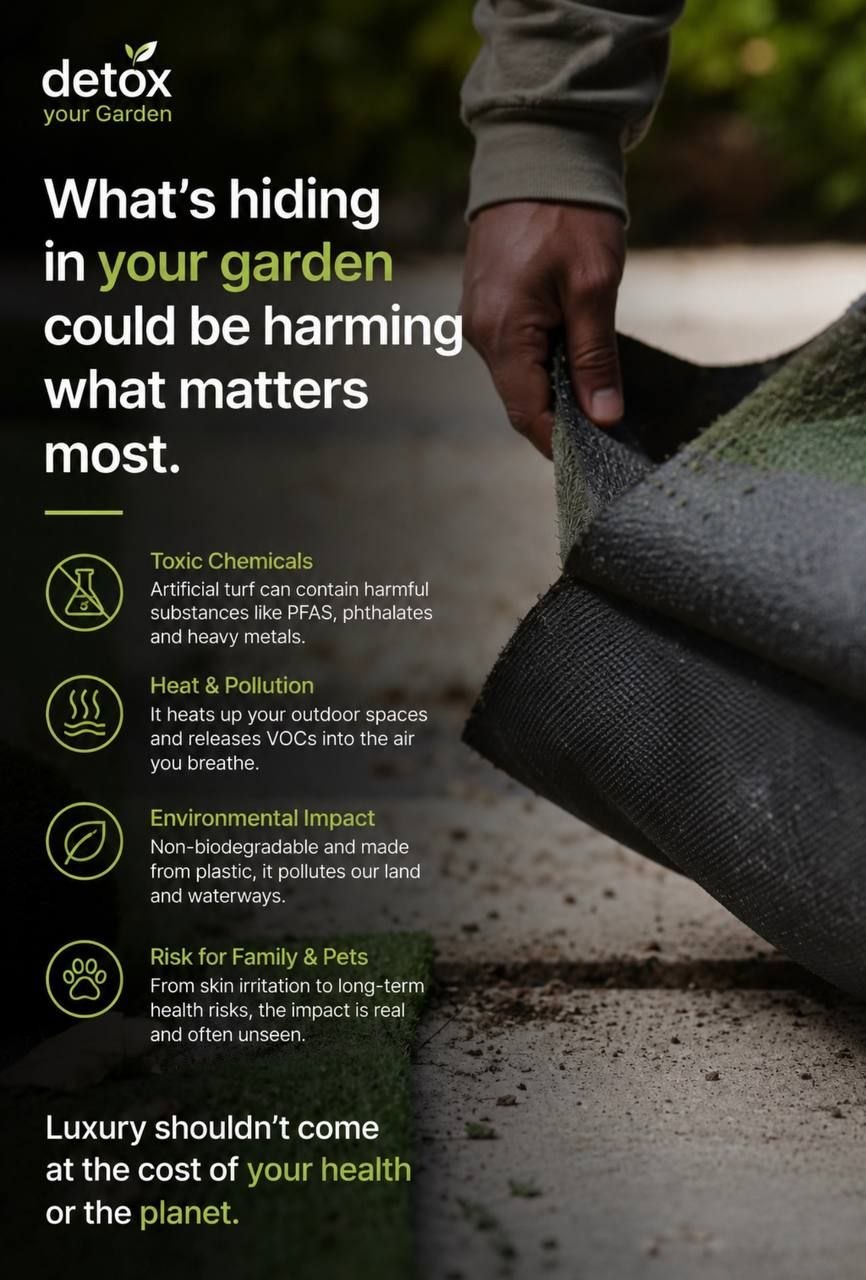 A hand lifts artificial turf revealing the hidden risks beneath
